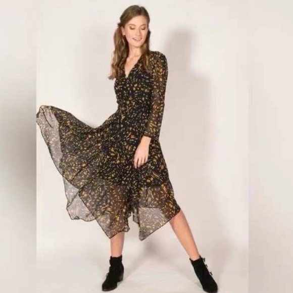 Maje Navy & Yellow Spotted Print Long Sleeve Midi Dress - Picture 2 of 11
